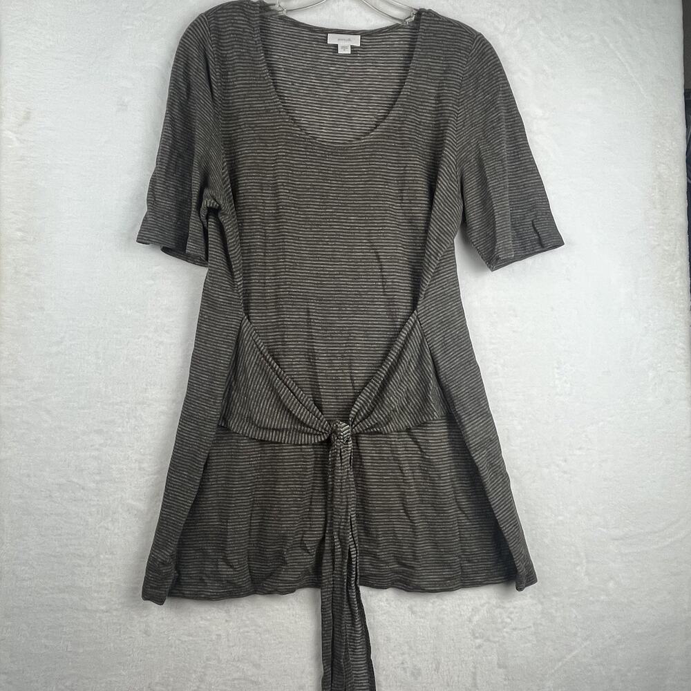 Pure Jill Tunic Women Size Medium Green Gray Tunic Linen Modal Tie Front